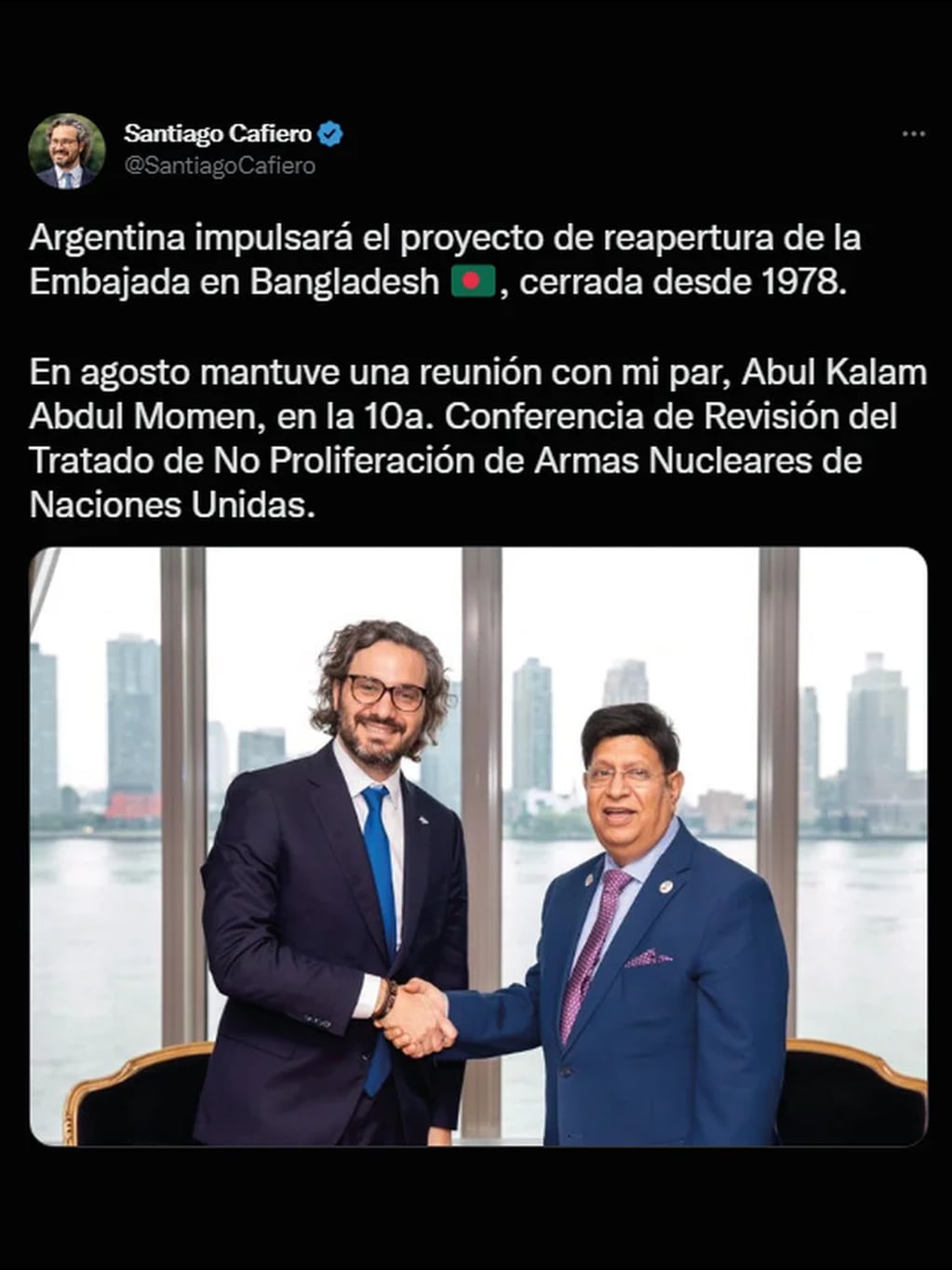 Santiago Cafiero confirmó a través de su cuenta oficial de Twitter que la sede diplomática argentina reabrirá sus puertas en Bangladesh.