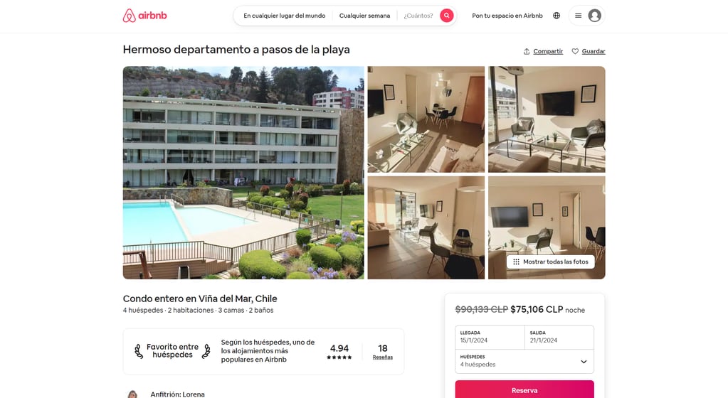 Alojamiento en Reñaca, precios en chilenos.