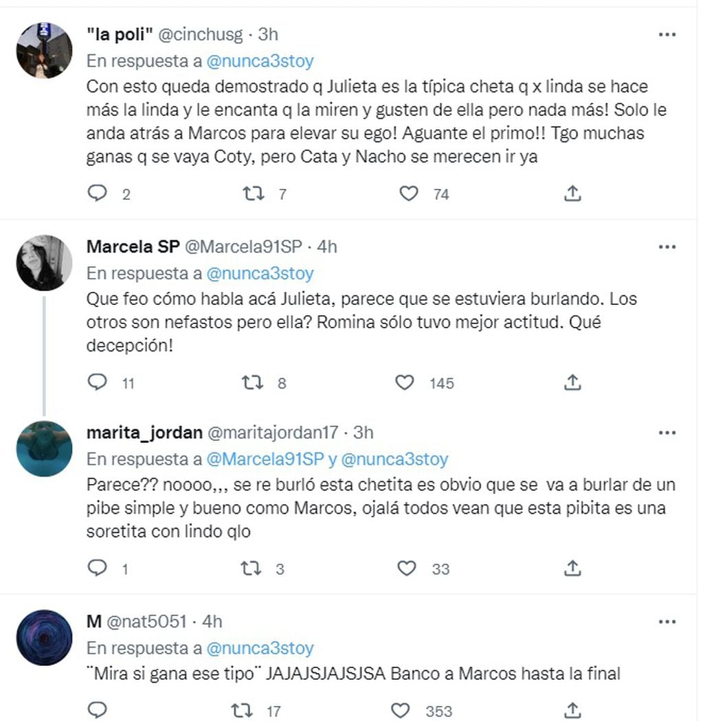 Críticas en redes sociales a las burlas de Nacho y Julieta dirigidas a Marcos de Gran Hermano (Twitter)