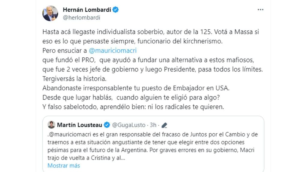 Hernán Lombardi cruzó en duros términos a Martín Lousteau tras sus críticas a Macri: “Ni los radicales te quieren”.