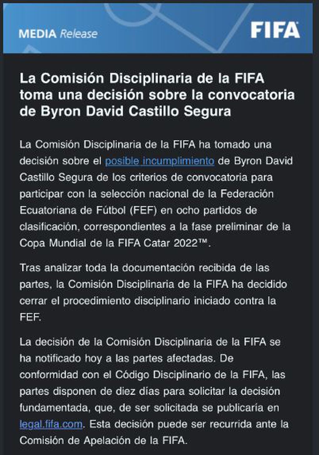 El fallo de la FIFA en favor de Ecuador. / FIFA