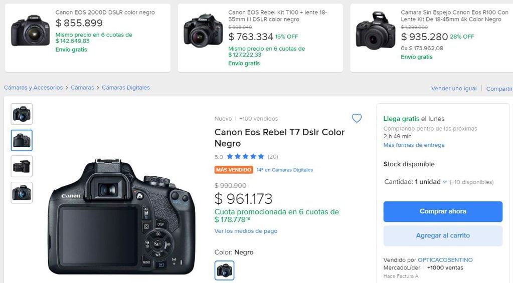 Este es el valor en Argentina de la misma cámara réflex Canon.