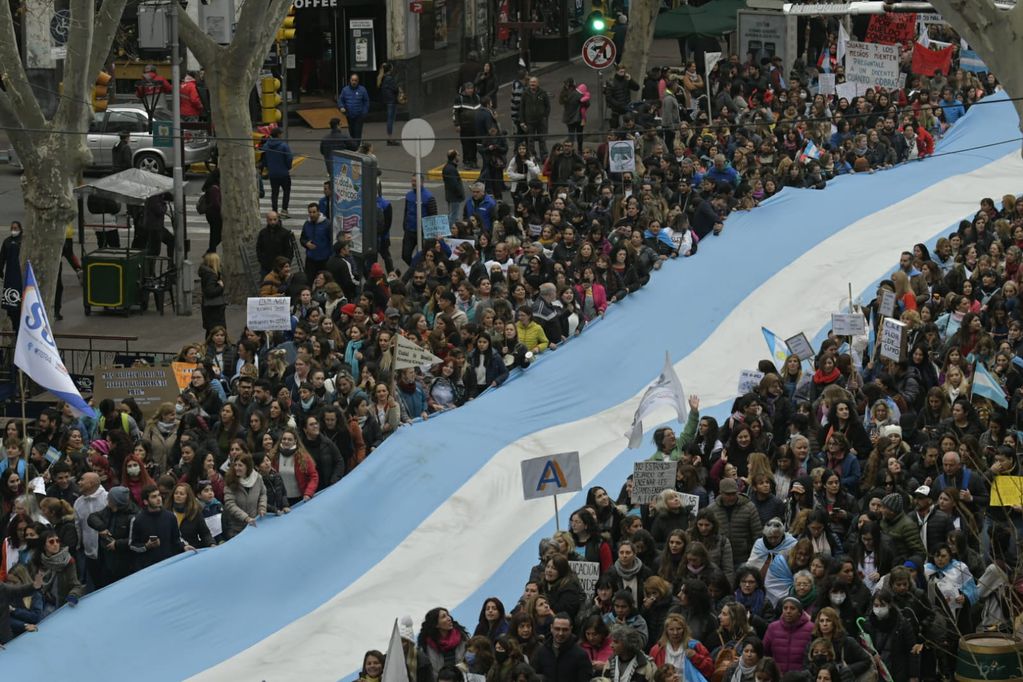 La bandera argentina en la marcha docente. (Orlando Pelichotti / Los Andes)