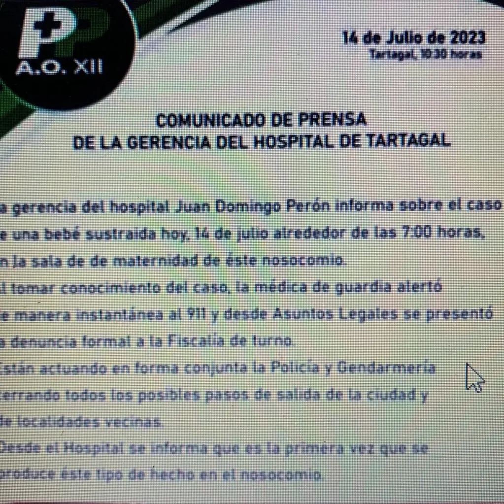 Comunicado de prensa del Hospital Juan Domingo Perón.