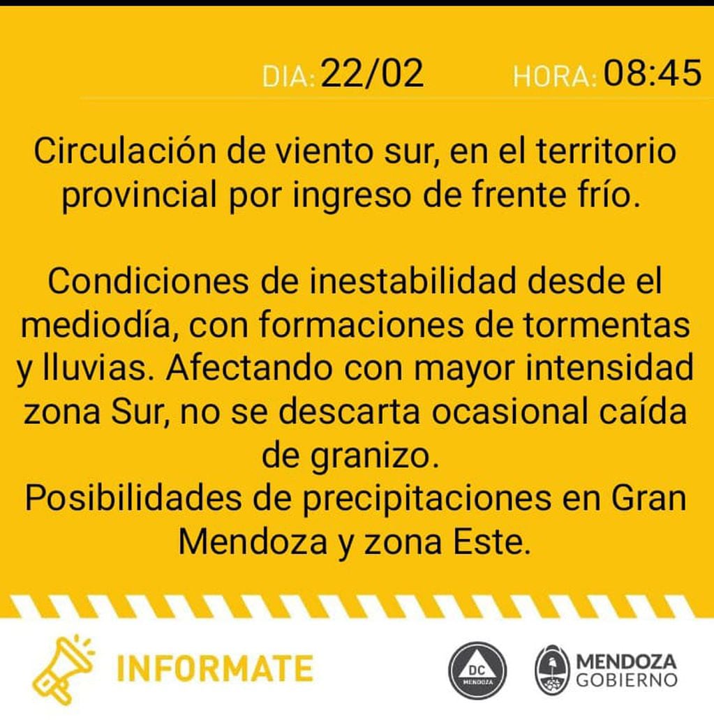 Alerta por tormentas en Mendoza (Defensa Civil)
