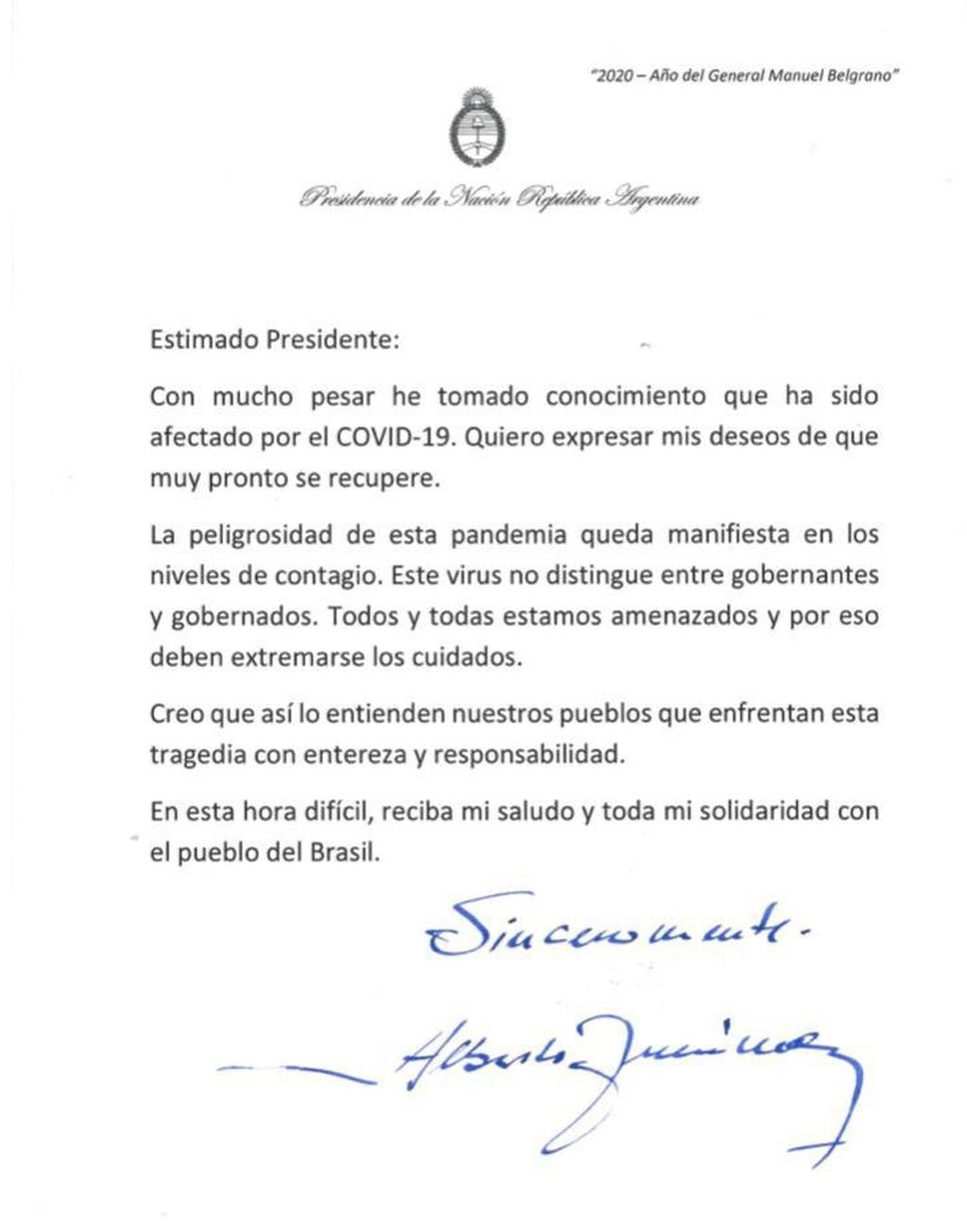 Carta de Alberto Fernández a Bolsonaro