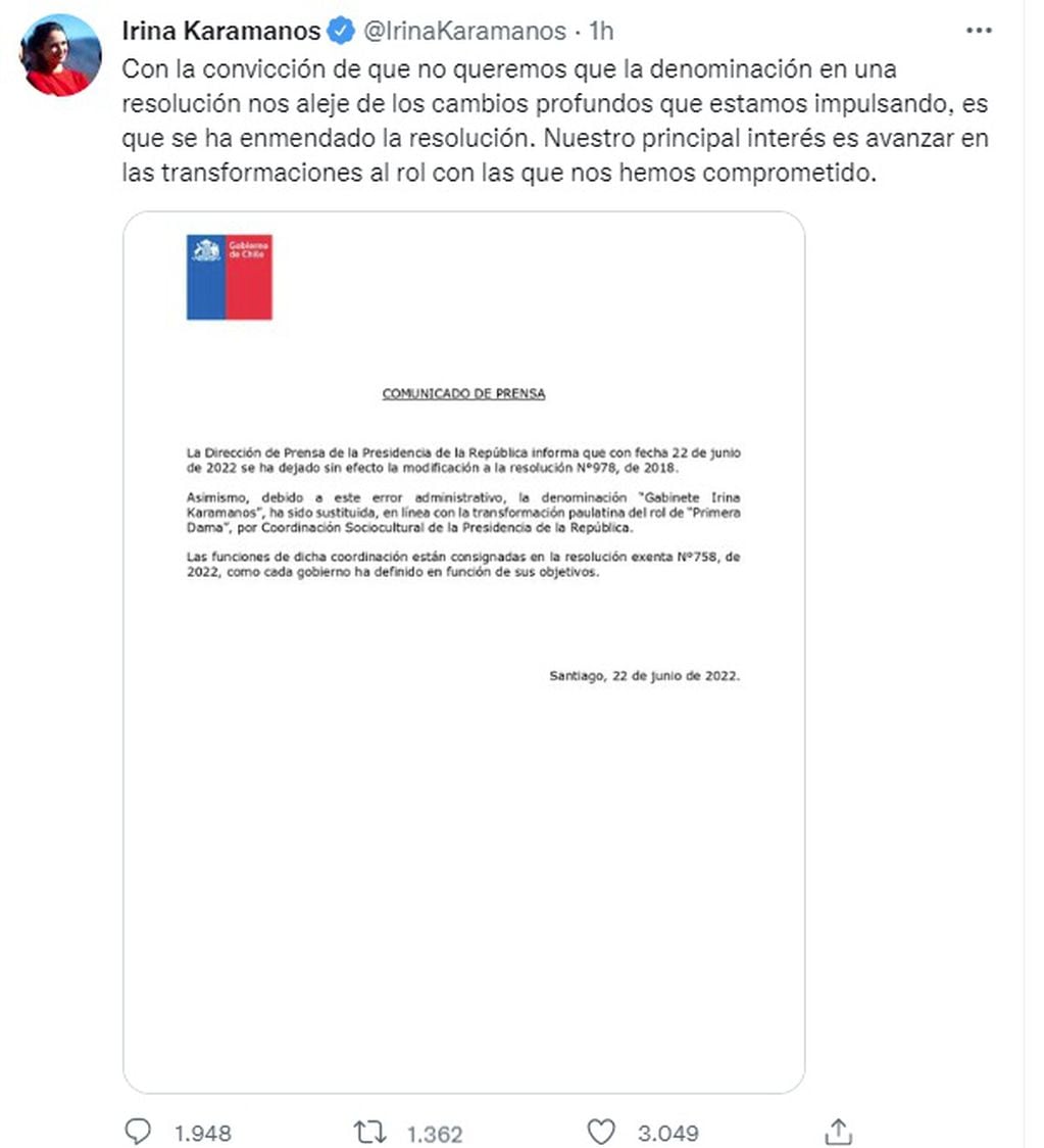 Tras el "Gabinete Irina Karamanos", la primera dama de Chile anunció la marcha atrás y el porqué (Twitter)