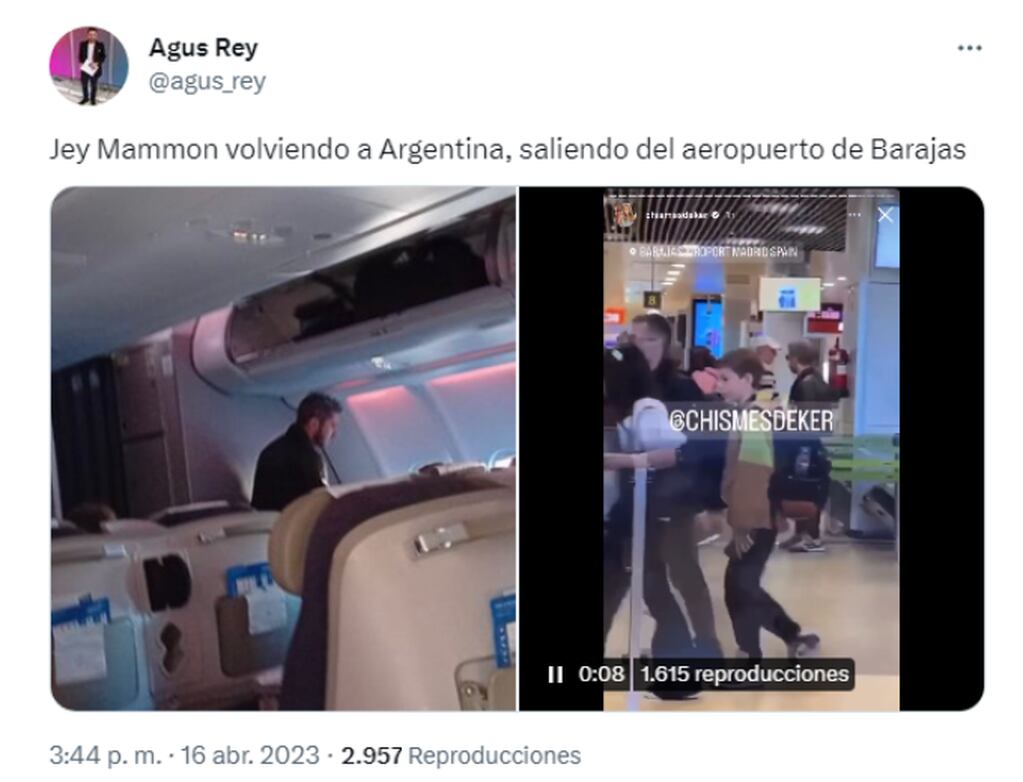 El periodista de C5N, Agustín Rey, compartió una imagen de Jey Mammón ubicándose en el avión que lo trae a Argentina. Foto: Captura Twitter.