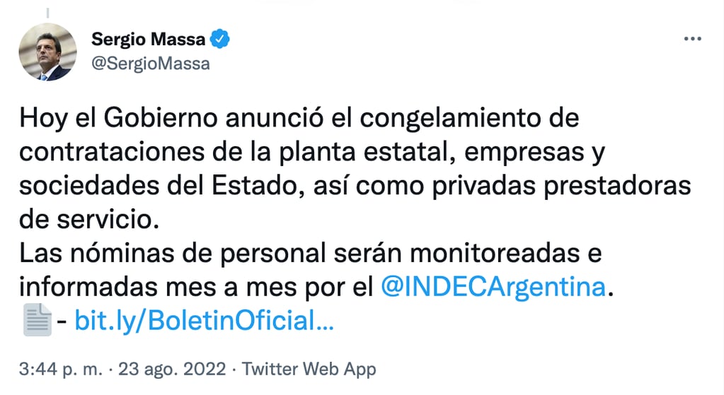 Sergio Massa sobre el congelamiento de la planta del Estado