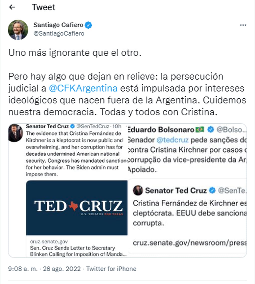 Santiago Cafiero trató de ignorante a Eduardo Bolsonaro por apuntar contra Cristina Kirchner y Alberto Fernández.