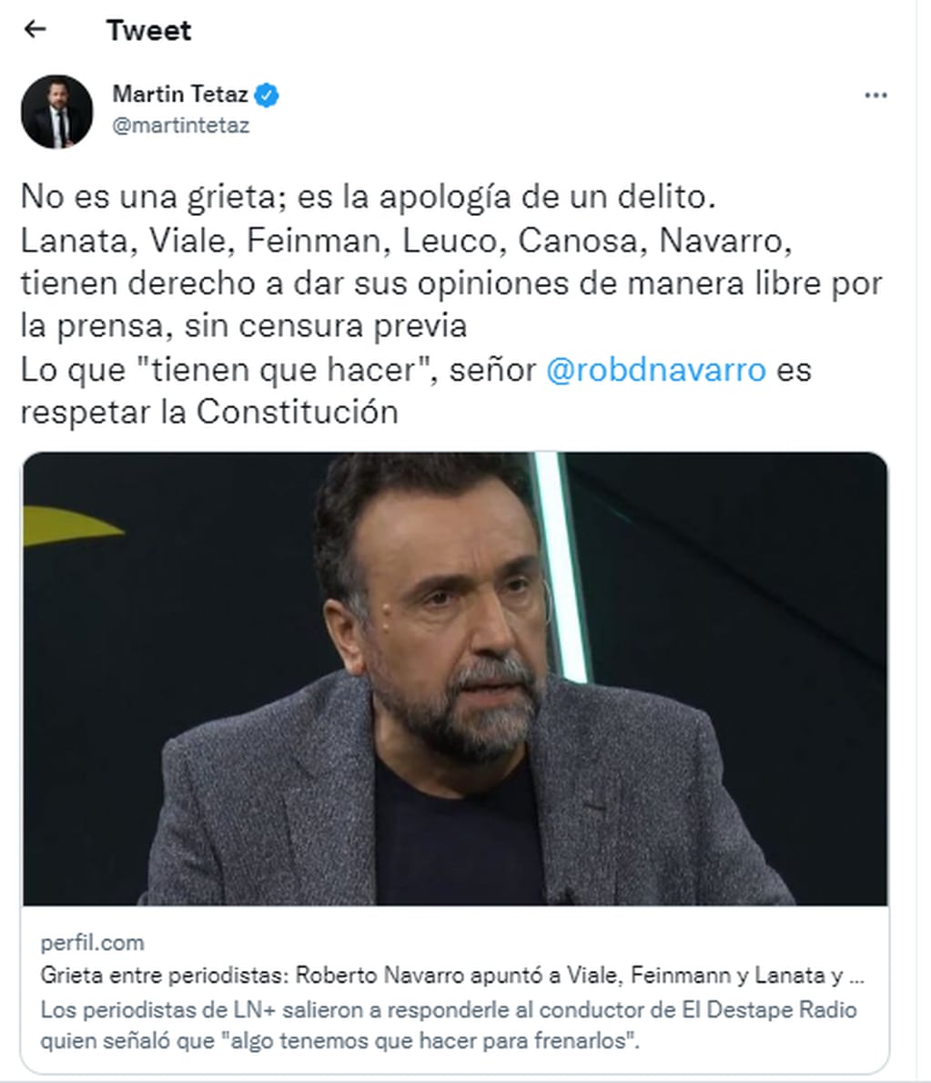 Tras los dichos de Roberto Navarro, Tetaz expresó su repudio sobre las declaraciones y apoyaron a los periodistas señalados.