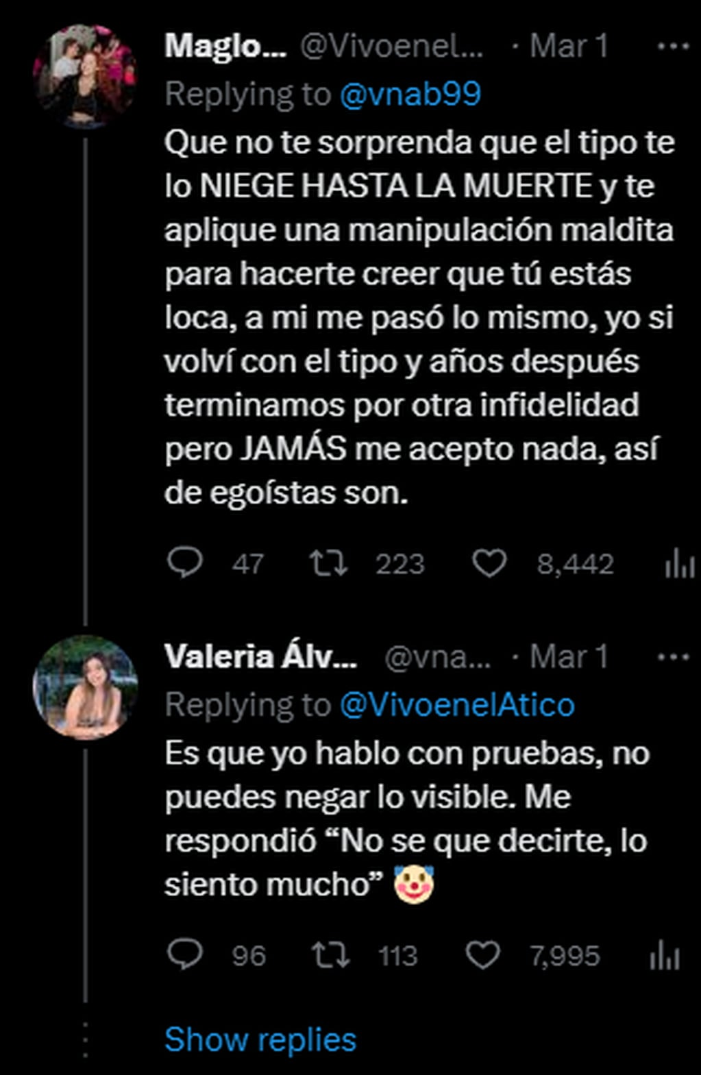 Comentarios en el posteo de Valeria. Foto: Twitter/@vnab99