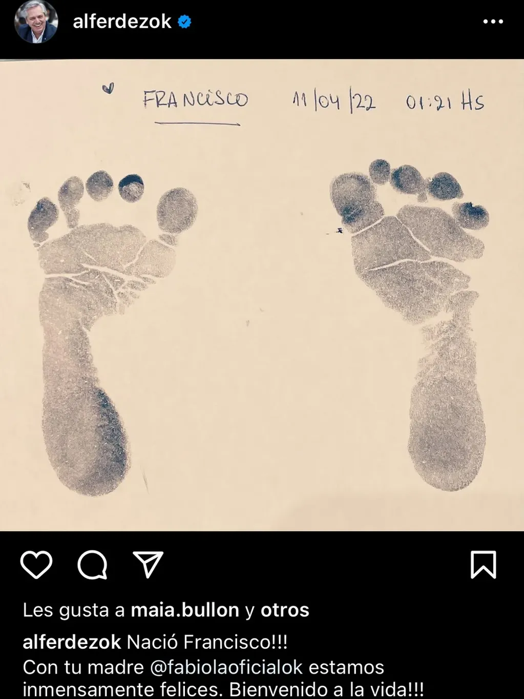 Nació Francisco, el hijo del presidente Alberto Fernández y Fabiola Yáñez. (Instagram)