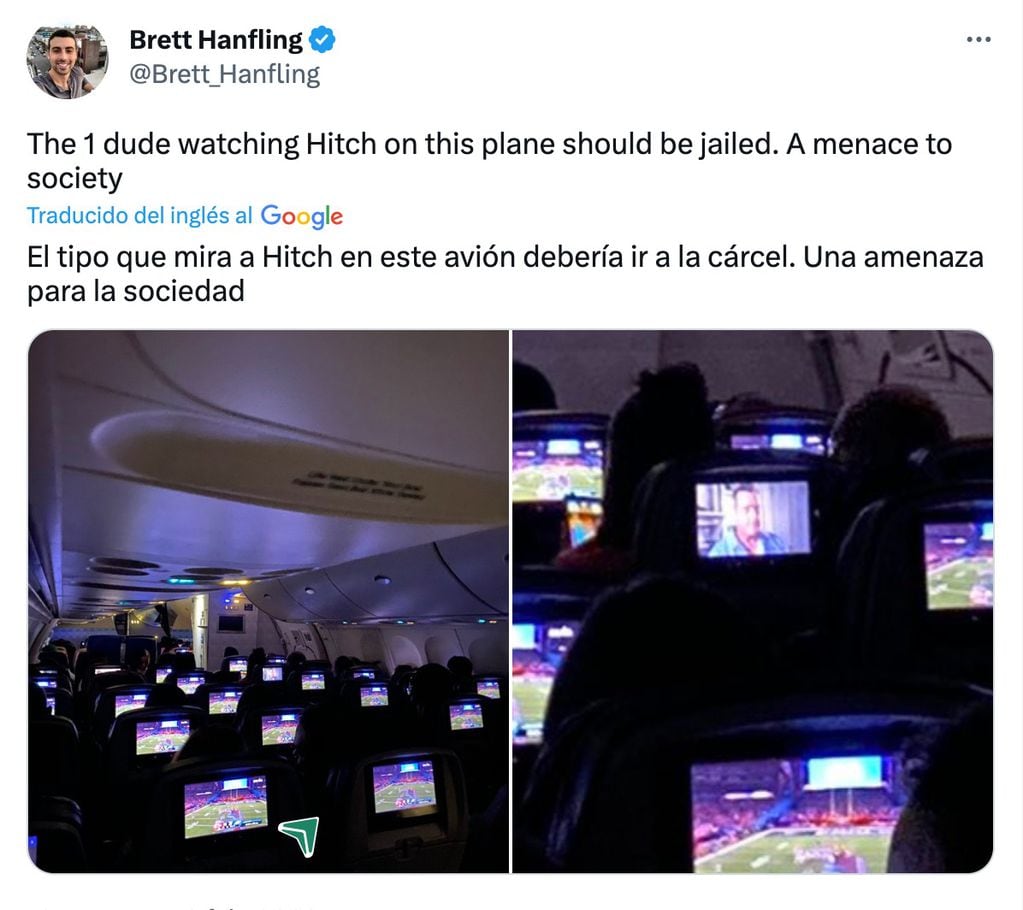 Un amante del deporte evidenció a un pasajero de un avión que no vio el Super Bowl. Foto captura: Twitter @Brett_Hanfling.