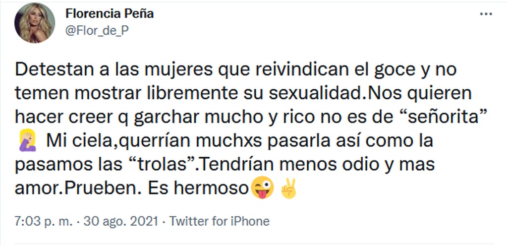 Flor Peña y sus dichos sobre el goce.