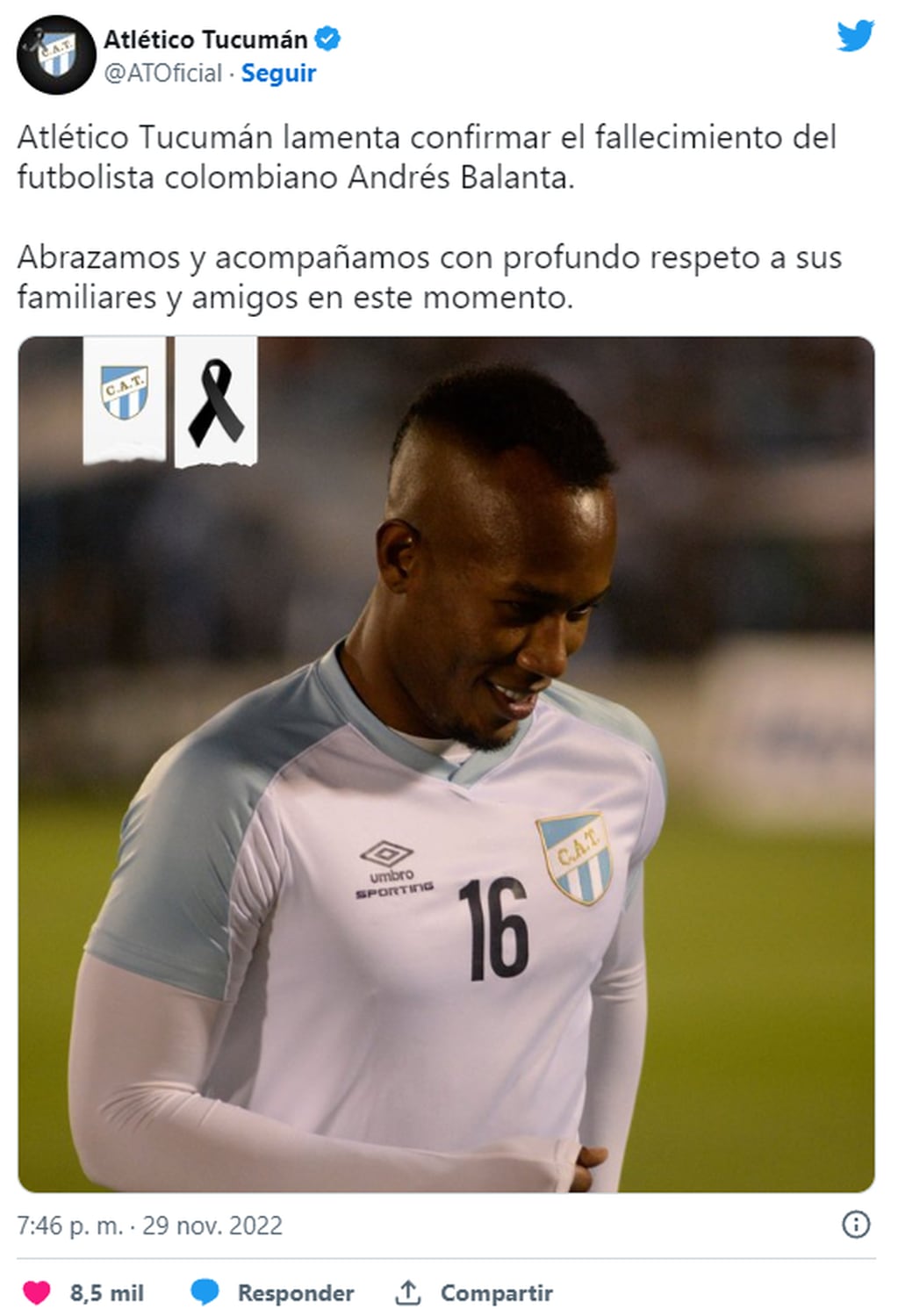 Las condolencias de Atlético Tucumán. Foto: Web