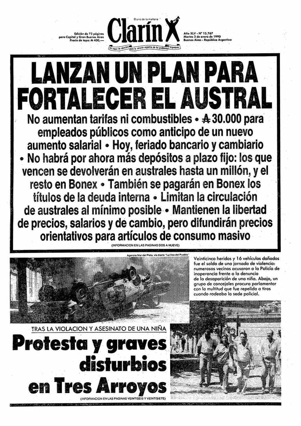 Portada de Clarín, 2 de enero de 1990