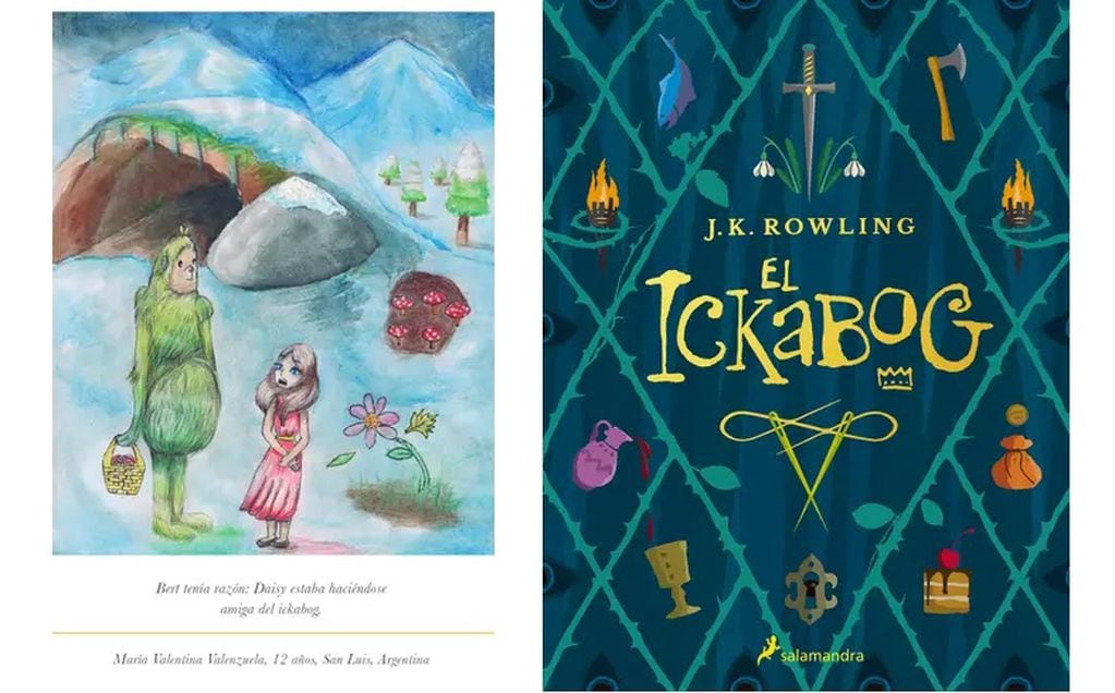 A la izquierda, el dibujo de Valentina para el libro "El Ickabog" de J.K. Rowling - 
