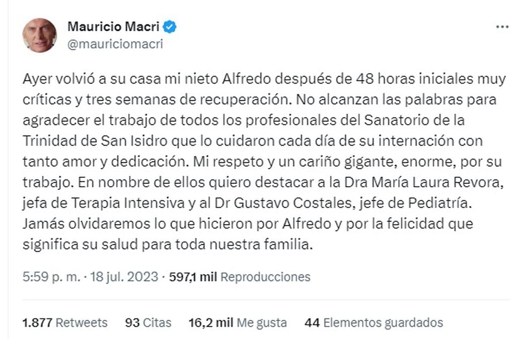 El nieto de Mauricio Macri estuvo internado en terapia intensiva (Twitter @mauriciomacri)