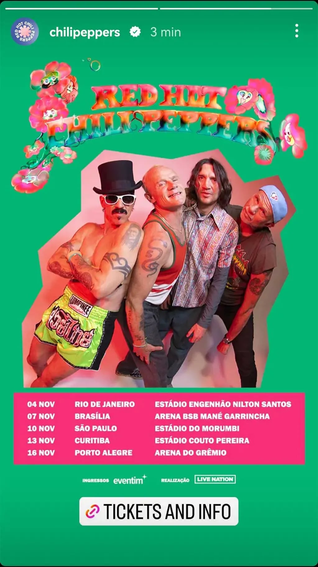 Significará el regreso de Red Hot Chili Peppers a Sudamérica después de 5 años. Foto: Instagram