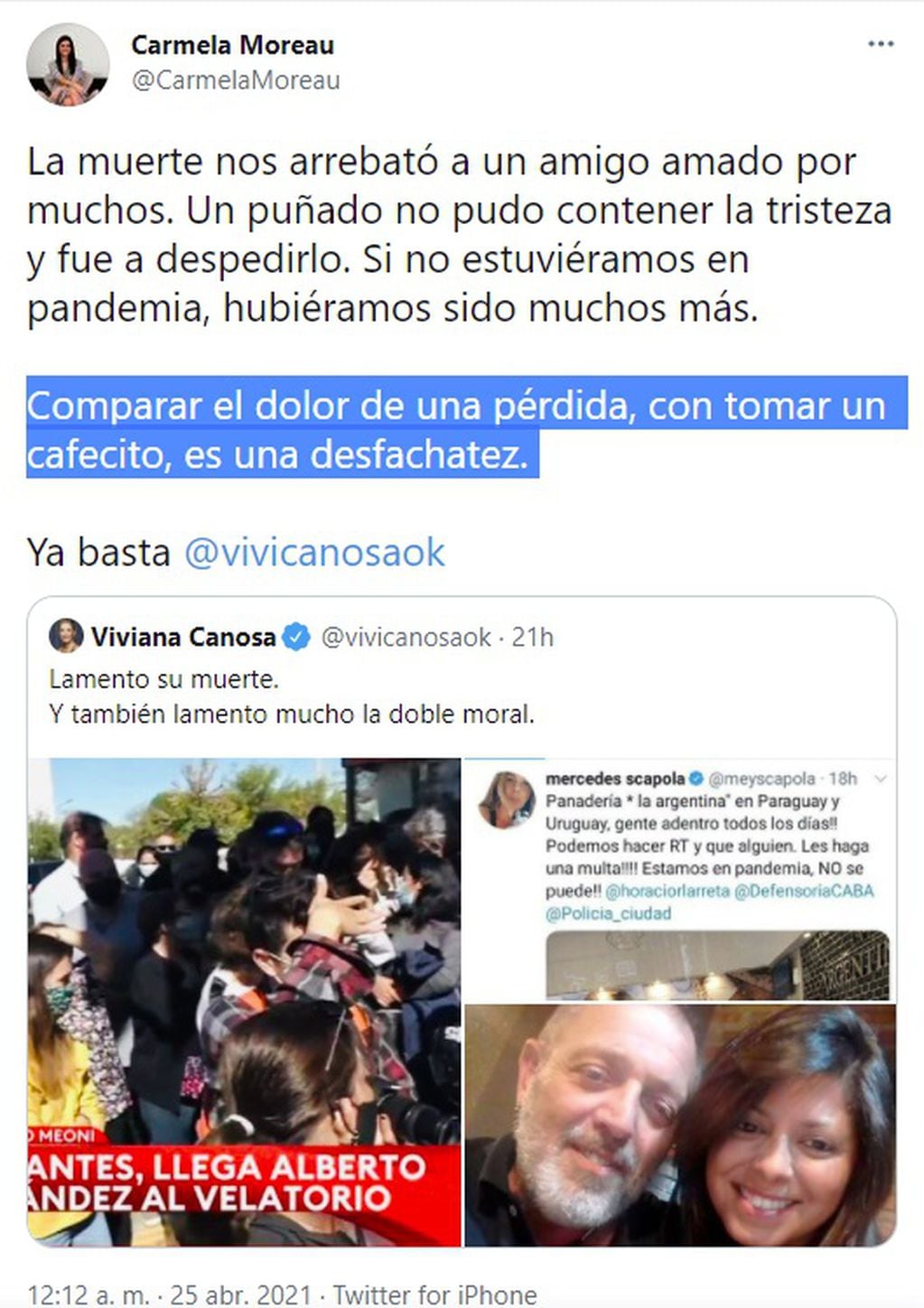 Cruce tuitero entre Viviana Canosa y Carmela Moreau por el velatorio de Mario Meoni