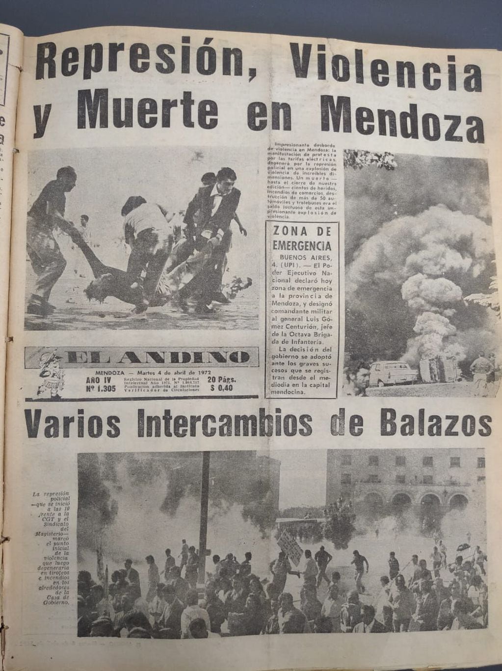 Mendozazo  Primera víctima de la represión a las manifestaciones. Tapa del diario El Andino.