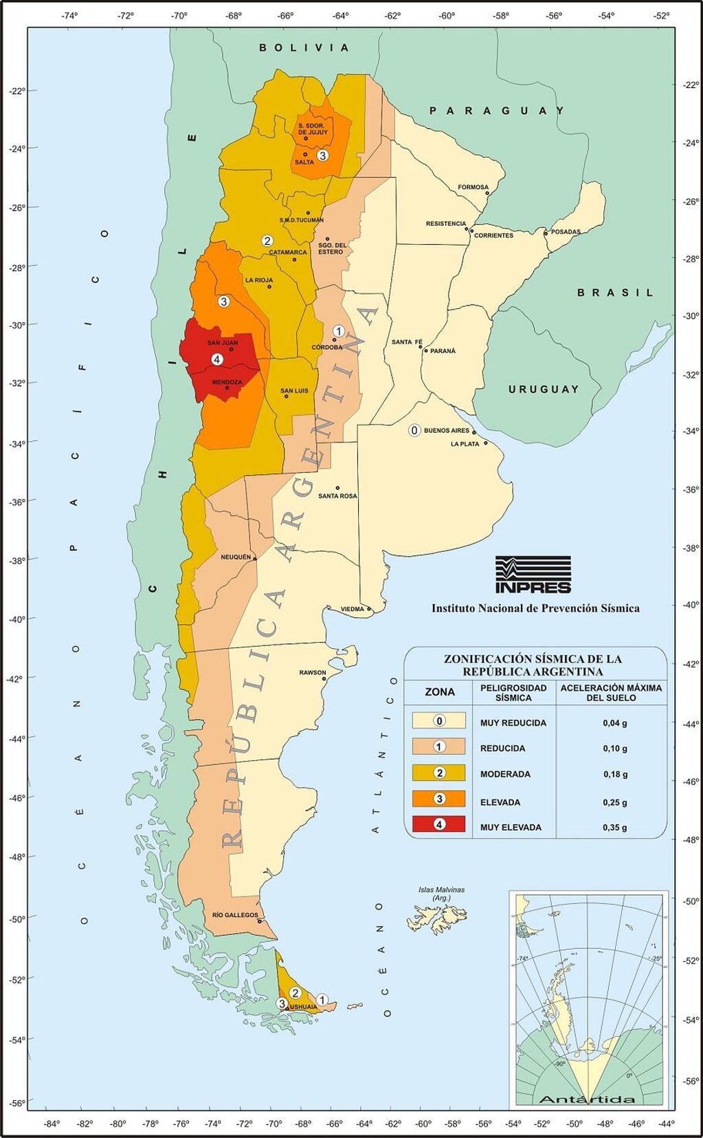 Mapa de peligrosidad sísmica. (Inpres)