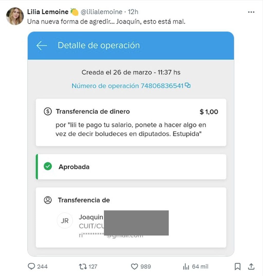 Lilia Lemoine, indignada porque le transfirieron $1 a su cuenta bancaria (X)