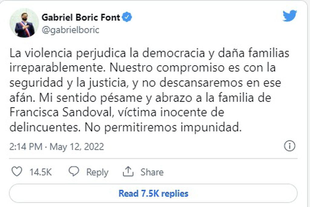 El mensaje de Gabriel Boric por la muerte de la periodista Francisca Sandoval (Twitter)