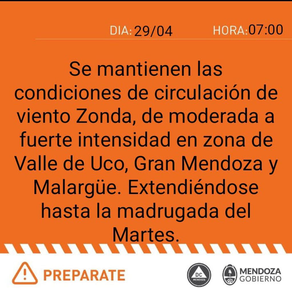 Alerta de Defensa Civil para Mendoza (29/04)