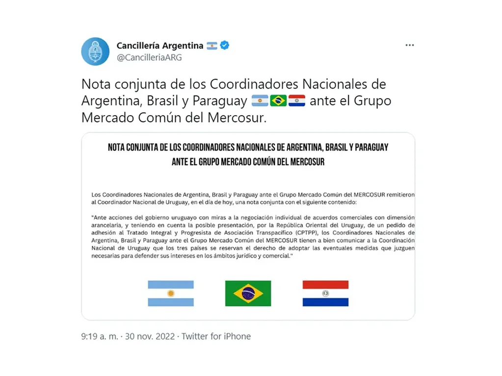 El tuit posteado en conjunto por las cancillerías de Argentina, Brasil y Paraguay advirtiendo a Uruguay que tomarán represalias jurídicas si insiste con negociar acuerdos de Libre Comercio al margen del Mercosur.