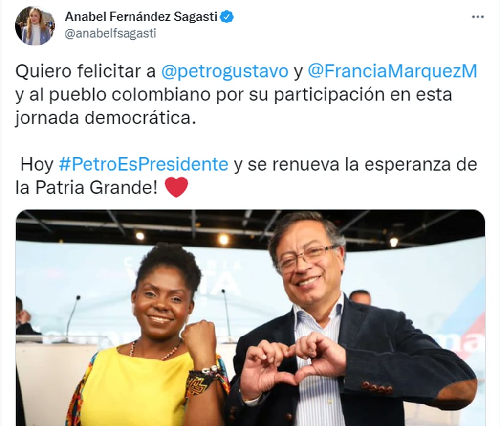 La senadora nacional Anabel Fernández Sagasti saludó a Gustavo Petro por el triunfo.