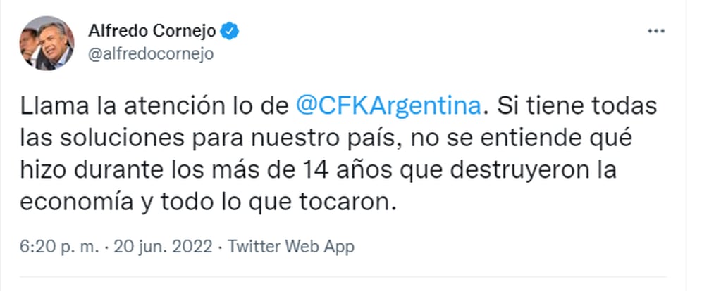 El senador nacional Alfredo Cornejo fue muy duro con Cristina Fernández.