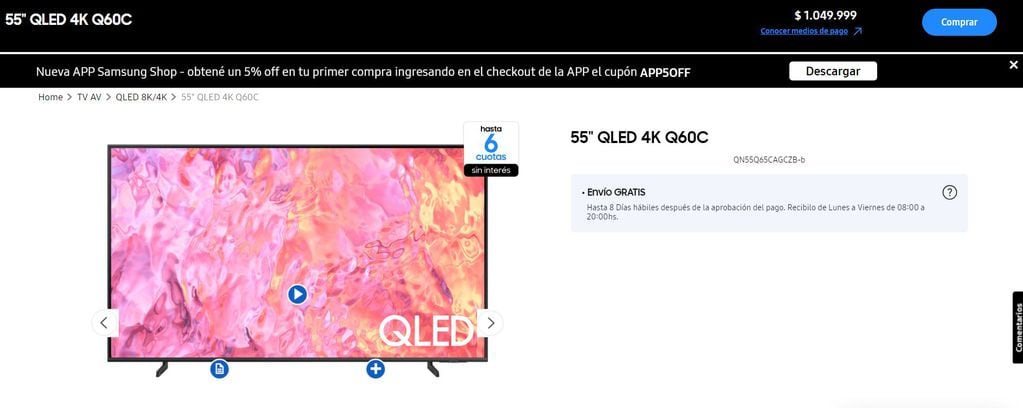 En Argentina, este es el precio del Smart TV Samsung en la página oficial.
