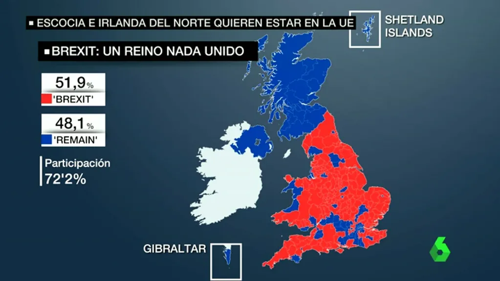 Un mapa previo a la votación que resultó en la salida de Reino Unido de la Unión Europea muestra que Escocia e Irlanda del Norte votaron por permanecer en el bloque.