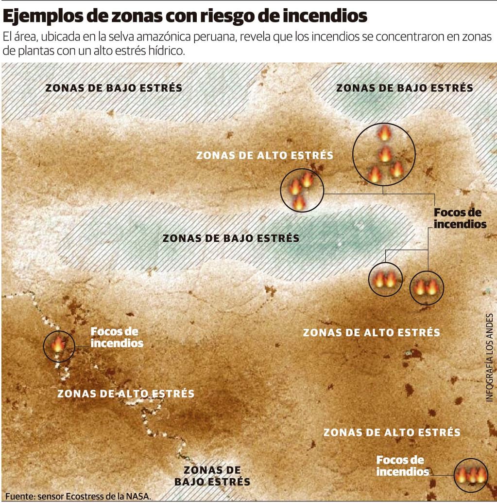 El mapa muestra una zona de la selva amazónica peruana. Las áreas en las que pueden haber incendios son las de un mayor estrés hídrico, según los estudios satelitales de la Nasa. Gustavo Guevara.