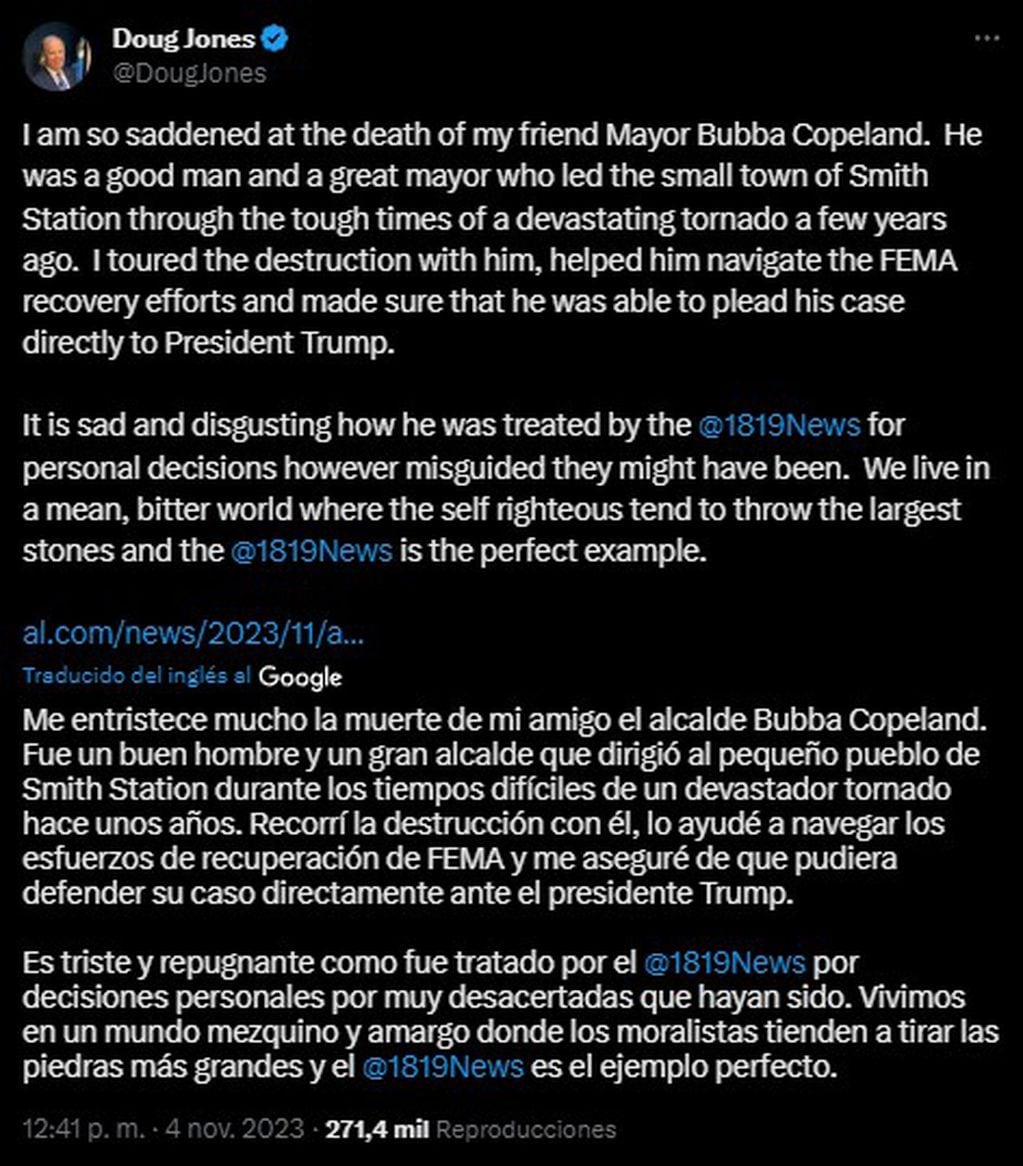 El alcalde de la estación Smiths, F.L. "Bubba" Copeland "fue un buen hombre y un gran alcalde" que fue víctima de "un mundo cruel y amargo", dijo el ex senador estadounidense Doug Jones. Foto: captura.