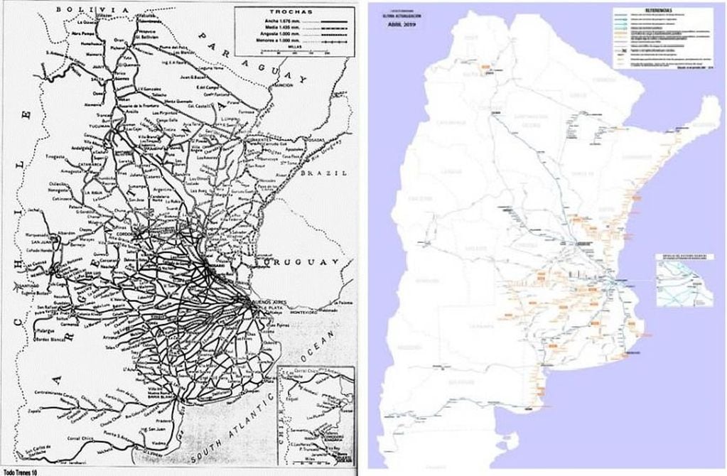 
    Montaje del 27 de junio de 2019 a partir del mapa de la red ferroviaria argentina en 1960 (izq) y el actual (abril de 2019).
   