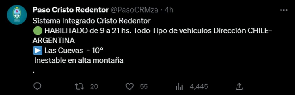 Anuncio sobre el Paso Cristo Redentor. Foto: Twitter / @PasoCRMza
