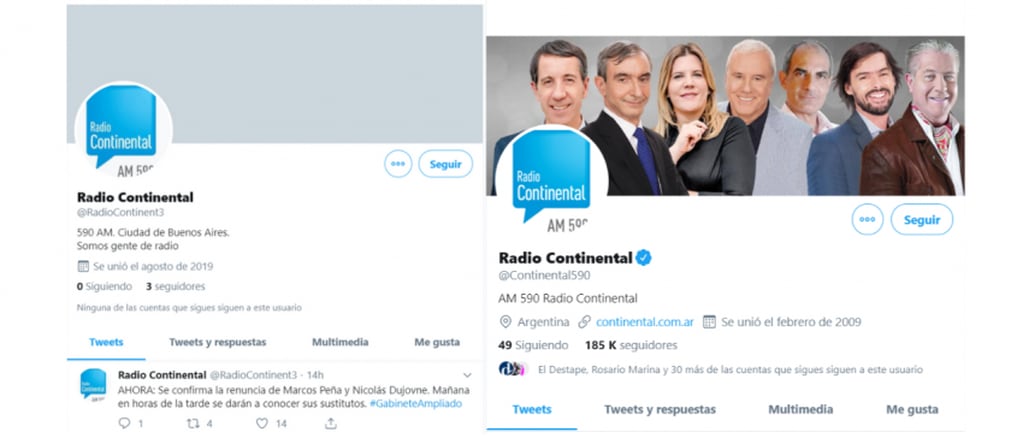 
Imagen comparativa entre la cuenta falsa de “Radio Continental” y la verdadera.
