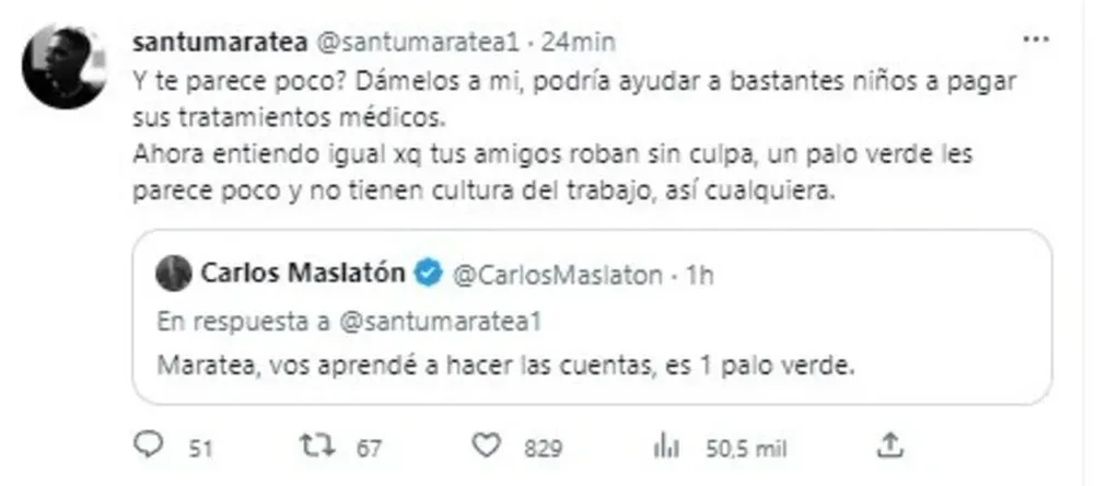 El cruce tuitero entre Santiago Maratea y Carlos Maslatón. Foto: @santumaratea1