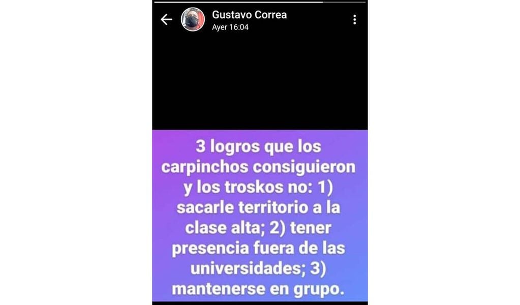 El estado del secretario general de CTA de los trabajadores Mendoza, Gustavo Correa, en Whatsapp.