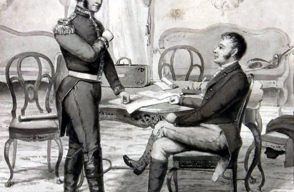 Entrevista de San Martín y Pueyrredón en Córdoba, en 1816. Óleo. 1926. Boceto en tinta china de M. Rosso. MHN.