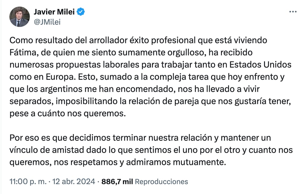Javier Milei confirmó su separación de Fátima Florez a través de las redes sociales.