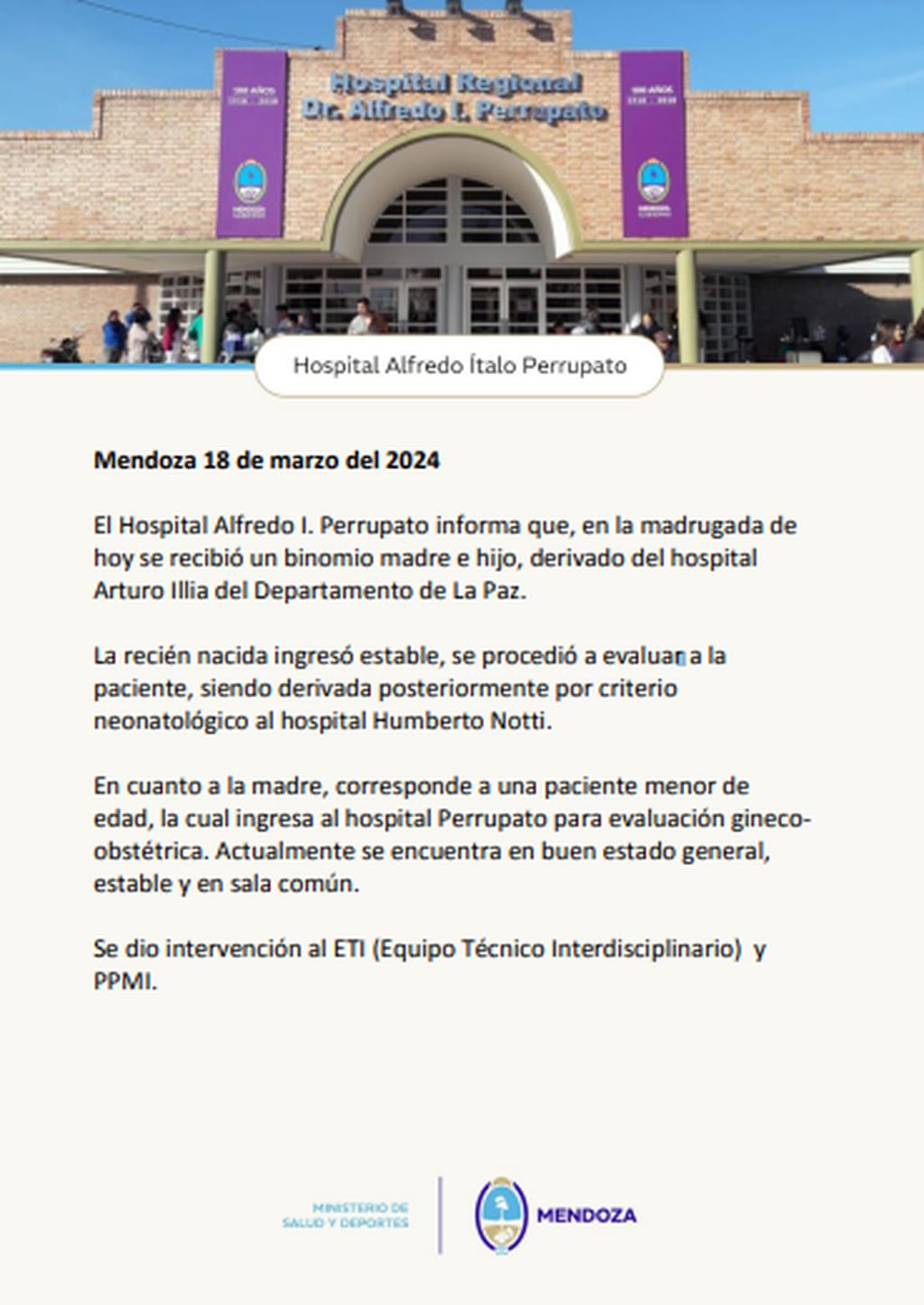 Parte del Hospital Perrupato sobre la niña de 13 años que fue madre. Foto: Ministerio de Salud de Mendoza