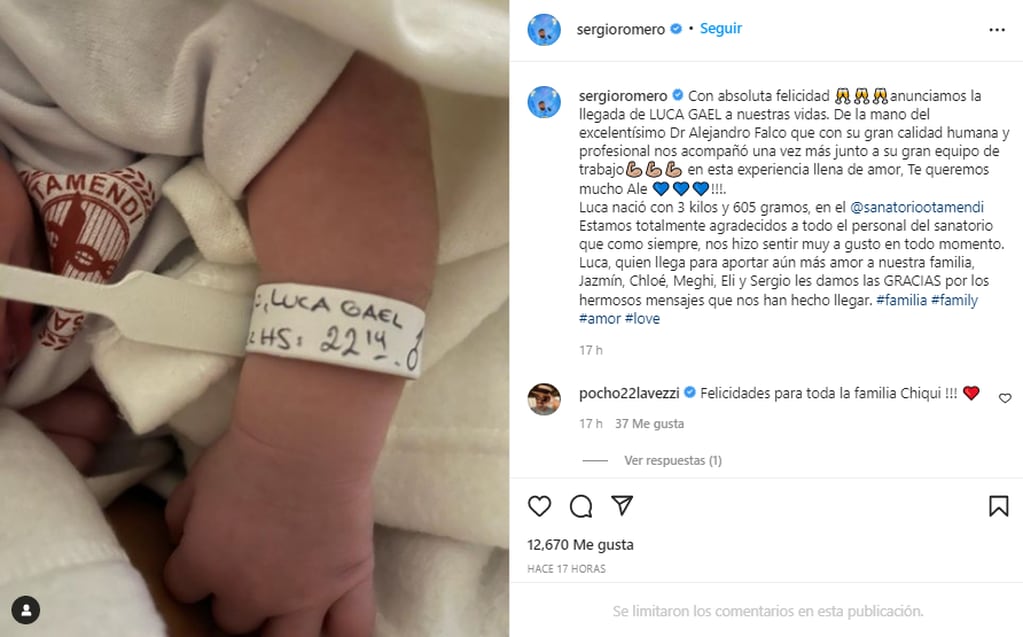 Sergio Romero le dio la bienvenida a su nuevo hijo en Instagram