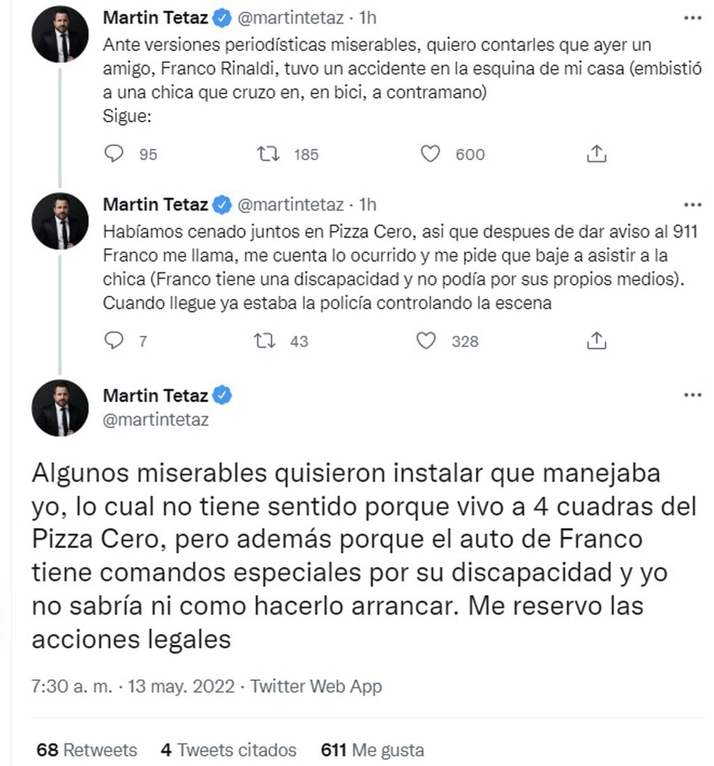 Martín Tetaz desmintió a C5N y contó que fue él quien acudió al lugar del accidente de Franco Rinaldi (Twitter)