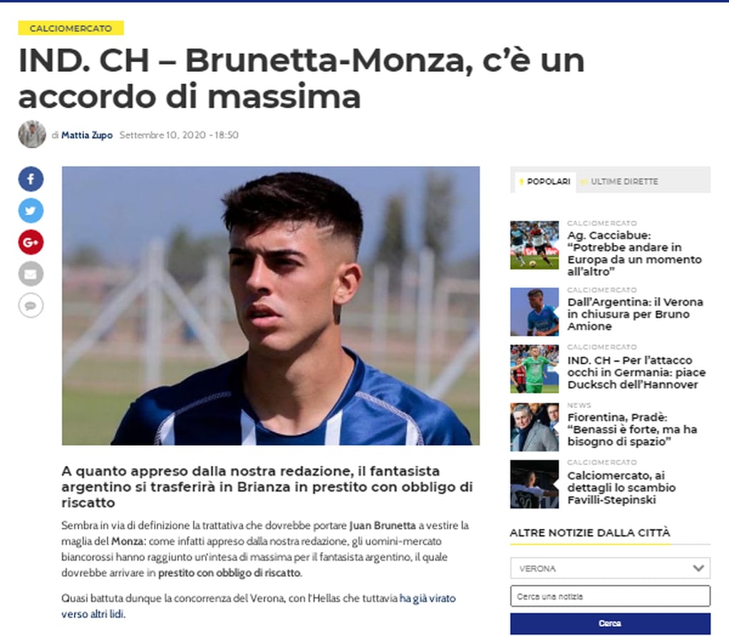 El sitio Calcio Hellas informa que hay acuerdo entre Brunetta y el Monza FC.