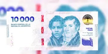 El nuevo billete de $10.000 con Manuel Belgrano y María Remedios del Valle (BCRA)