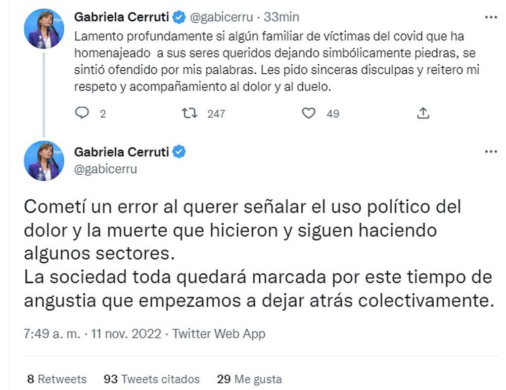 Gabriela Cerruti pidió disculpas por su repudiable comentario sobre las piedras en memoria de los fallecidos por Covid-19 (Twitter)